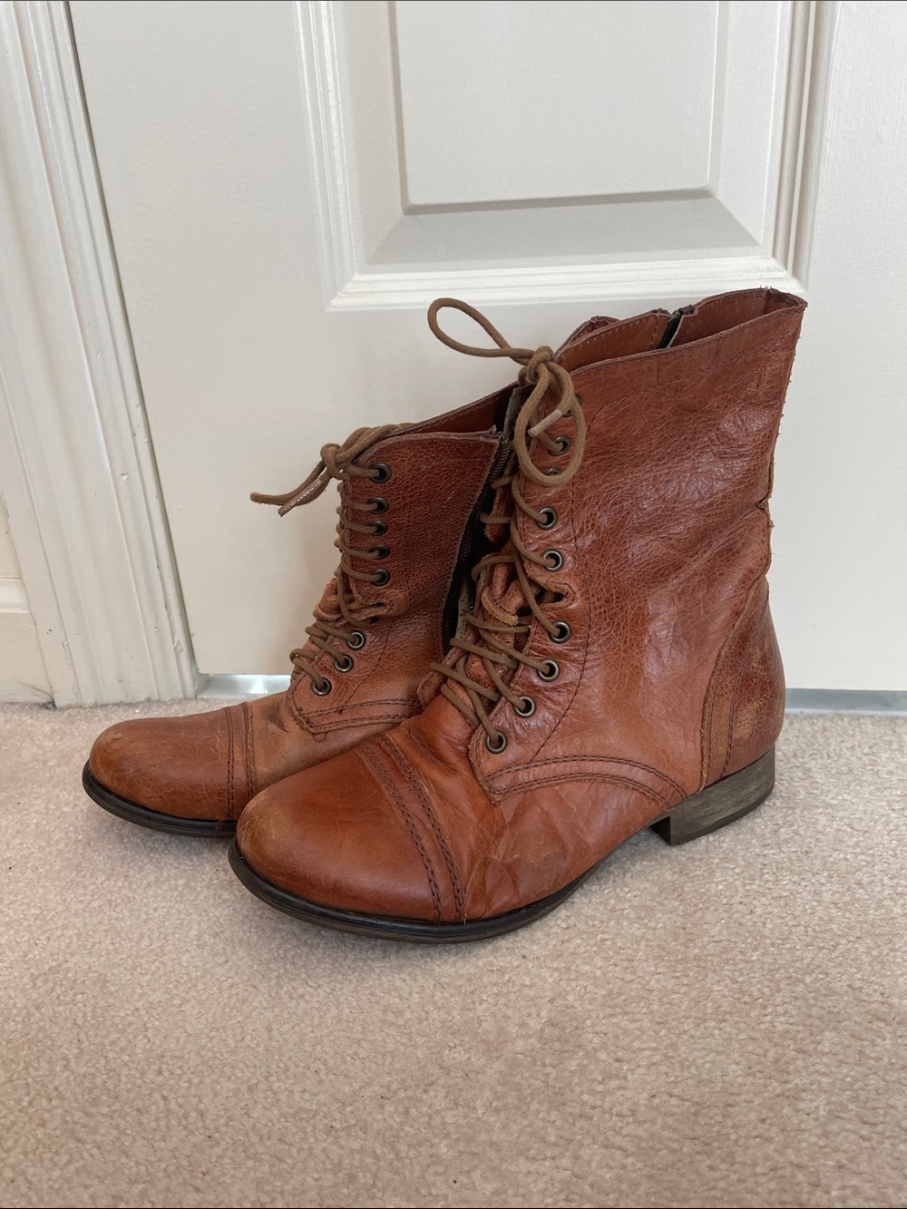 Steve Madden Tan Brown Leather Lace-Up Combat Boots